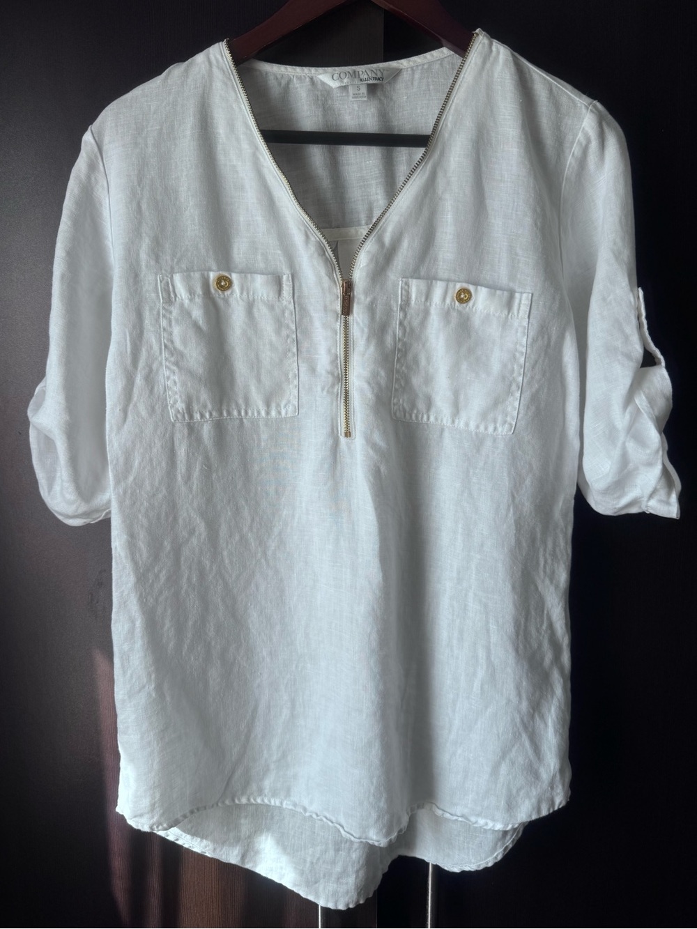 Company Ellen Tracy White Linen Gold Zip Tunic Blouse S